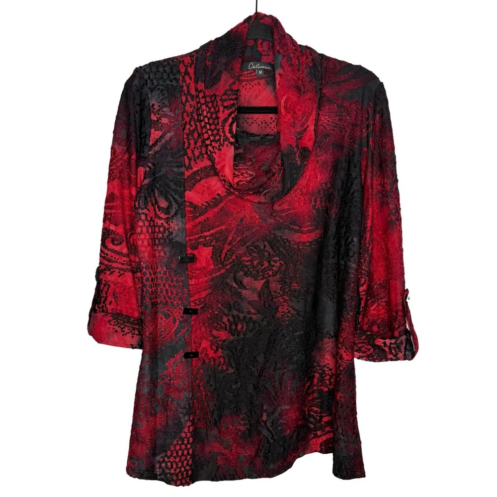 Calessa Y2K M Red Black Velvet Burnout Cowl Neck Blouse Dark Romantic Floral